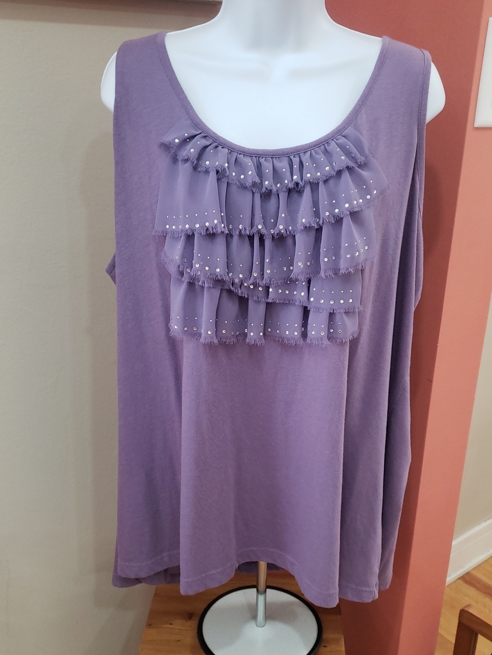 Avenue Lavender Ruffle Scoop Tank with Stud Accents, Size 30-32